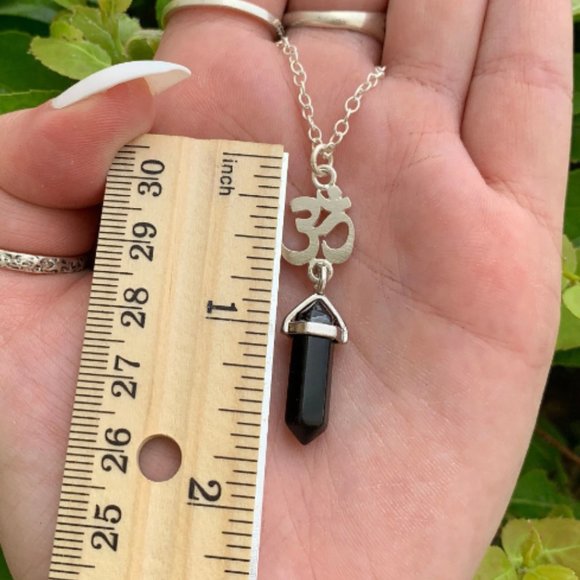 Obsidian Point Om Symbol Sterling Silver Pendant, Protection Stone, Grounding - Picture 2 of 4
